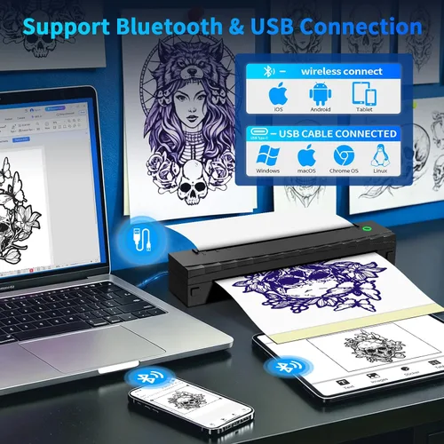 Miniatura 3 de Impresora de plantillas de tatuajes, máquina térmica Bluetooth para tatuajes, D80 impresoras portátiles para tatuajes con 10 piezas de papel