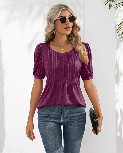 Miniatura 4 de Ficerd Blusa plisada de manga corta abombada para mujer, cuello redondo, elegante, casual, holgada, para primavera y verano
