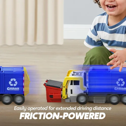 Miniatura 6 de JOYIN Juego de juguetes de camión de basura de fricción grande, incluye 1 contenedor, 3 cubos de basura y 30 tarjetas de aprendizaje para niños, Azul