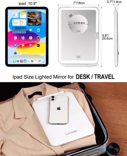 Miniatura 2 de Espejo de maquillaje iluminado recargable de 2000 mAh con espejo de aumento de 10X, espejo de viaje grande de 10 x 7 con luz, espejo plegable