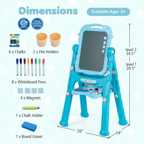 Miniatura 9 de Costzon 4-in-1 Height Adjustable Art Easel for Kids Magnetic Chalkboard & Whiteboard w/ Storage Tray and Detachable Design, No-Tool Assembly, Gift