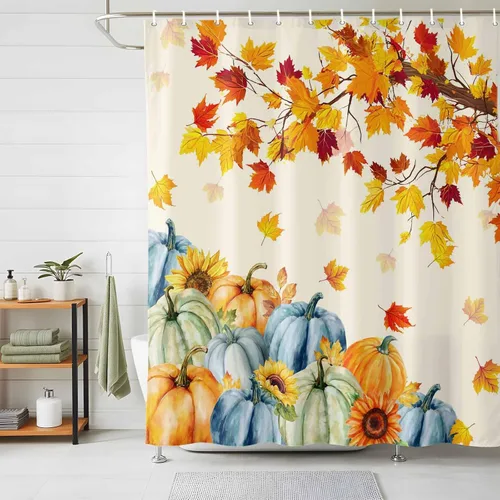 Miniatura 2 de Cortina de ducha de otoño con hojas de arce y ganchos, tela de poliéster impermeable, cosecha de Acción de Gracias, calabaza, girasol, juego