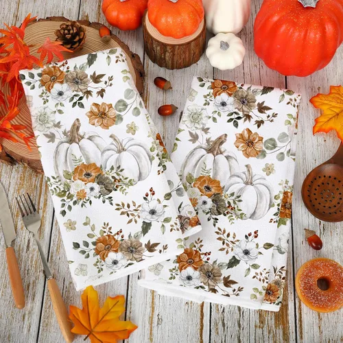 Miniatura 4 de AnyDesign Toalla de cocina de otoño de 18 x 28 pulgadas, acuarela, calabazas blancas, hojas, paño de cocina decorativo de otoño para secado de manos