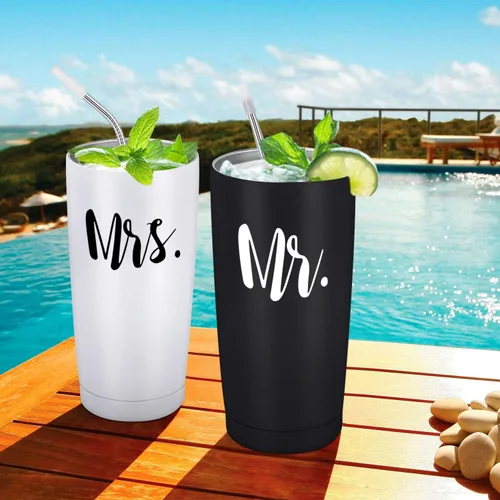 Miniatura 7 de Mr and Mrs - Juego de 2 vasos de viaje de acero inoxidable para recién casados, parejas, esposa, novia, despedida de soltera, vaso de viaje aislado