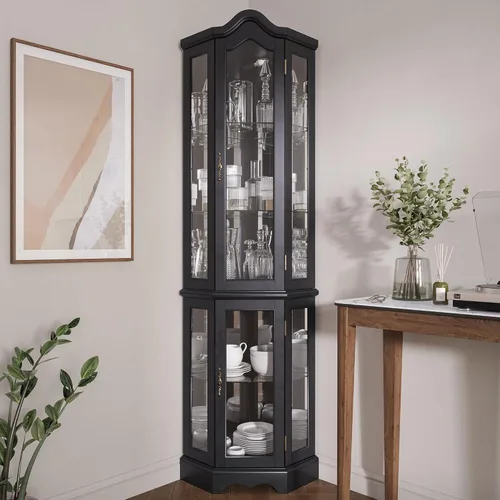Miniatura 3 de BELLEZE Gabinete Curio iluminado de vidrio de 3 lados con puertas y estantes de vidrio templado, gabinete esquinero de madera curva con bombilla