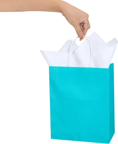 Miniatura 6 de DjinnGlory Paquete de 50 bolsas de regalo de papel azul turquesa de tamaño mediano con asas de 10 x 8 x 4 pulgadas y 50 papel de seda blanco