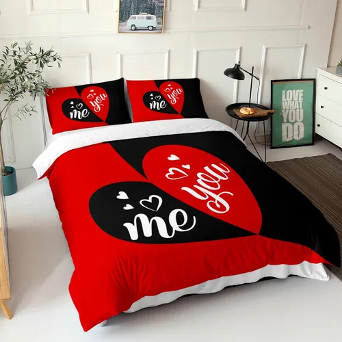 Miniatura 2 de AILONEN - Juego de funda de edredón tamaño individual, diseño de corazones para parejas, juego de ropa de cama rojo y negro, diseño "Yo y tú", juego
