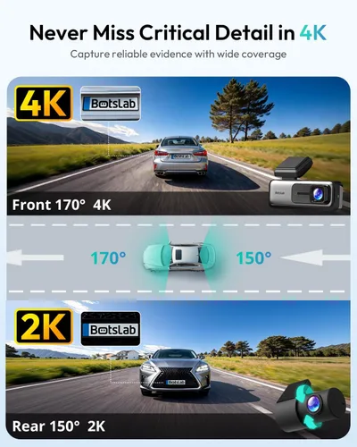 Miniatura 2 de BOTSLAB Cámara de tablero 4K delantera y trasera, cámara de tablero ultra ancha de 170° 4K+2K con ADAS, visión nocturna, modo de estacionamiento