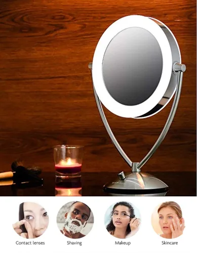 Miniatura 5 de Ovente Espejo de maquillaje de mesa iluminado de 9.5 pulgadas, LED, regulable, 1 lupa 5X, 360 ajustable, doble cara, funciona con batería, funciona