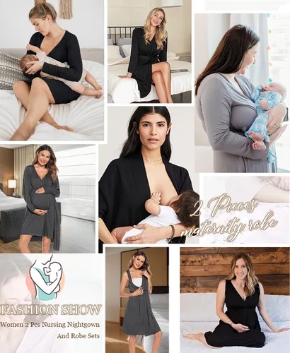 Miniatura 6 de SWOMOG Women Maternity Nursing Gown and Robe Set 3 in 1 Labor Delivery Nursing Nightgown for Breastfeeding Hospital Bathrobe