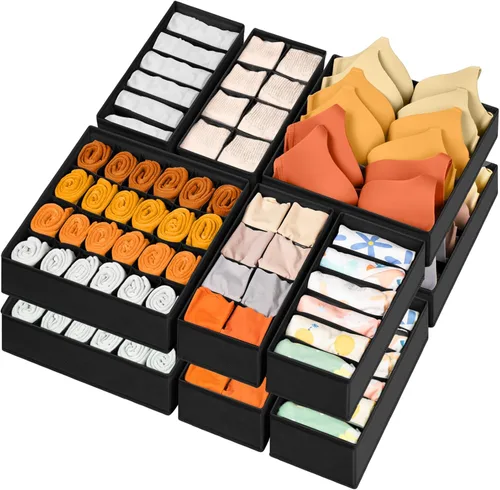 Miniatura 11 de Paquete de 6 organizadores de cajones para separar ropa interior y calcetines, con 58 celdas, organizadores de armario plegables de tela y Negro