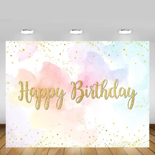 Miniatura 5 de MEHOFOND Telón de fondo de feliz cumpleaños de arcoíris pastel de 7 x 5 pies para niñas, fondo de acuarela de princesa, nube de colores dorados