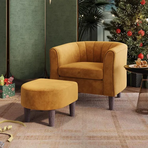 Miniatura 11 de LINSY Silla decorativa con otomana, sillón moderno, cómoda silla de lectura de barril con reposapiés para sala de estar, dormitorio, sala de Beige