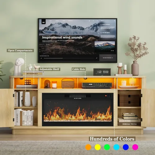 Miniatura 7 de Soporte de TV con chimenea acanalada de 70 pulgadas, centro de entretenimiento moderno con chimenea eléctrica de 36 pulgadas, consola multimedia