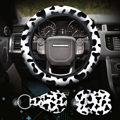 Zadin - Juego de 4 piezas de fundas para volante con estampado de vaca con 2 portavasos para automóvil y llavero, funda universal antideslizante de