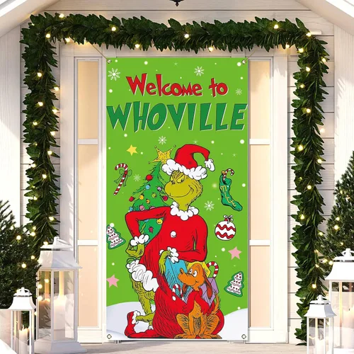 Miniatura 7 de Nepnuser Cubierta de puerta de Navidad de bienvenida, elfo verde, decoración de Navidad, invierno, vacaciones, fiesta, telón de fondo, pancarta