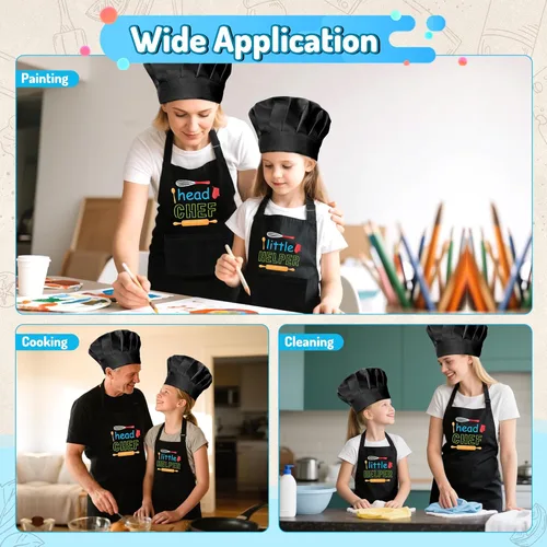 Miniatura 5 de R HORSE Juego de delantal y gorro de chef para adultos y niños - 4 piezas, delantal y gorro de cocina ajustables para padres e hijos, juguete