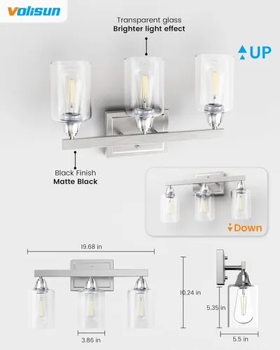 Miniatura 5 de VOLISUN Accesorios de iluminación de baño de níquel cepillado, 3 luces de cambiador de baño sobre espejo, luces de cambiador modernas para baños