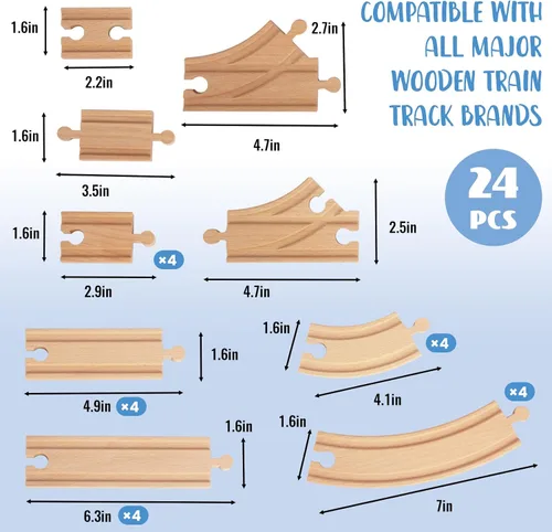 Miniatura 2 de Juego de 24 pistas de tren de madera, expansión de vías y 9 piezas distintas, 100% compatible con todas las principales marcas, incluido el sistema