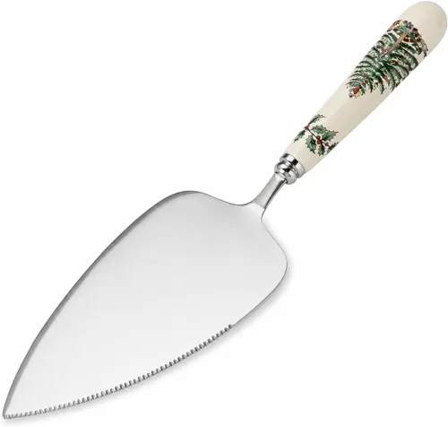 Spode - Servidor de tarta con diseño de árbol de Navidad, cuchillo de tarta de acero inoxidable de 26.7 cm con mango de porcelana fina, cubiertos