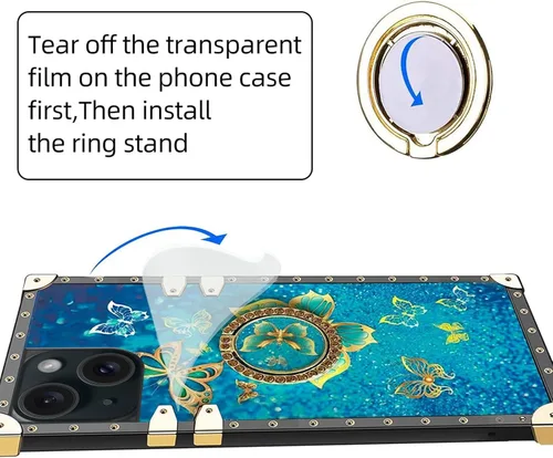 Miniatura 3 de nancheng Funda para iPhone 15, diseño de flor de mariposa azul, TPU suave, a prueba de golpes, con soporte de anillo y cordón a juego, elegante