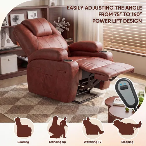 Miniatura 4 de Furmax Silla reclinable eléctrica con masaje para personas mayores, tela de pana, sillón reclinable individual con portavasos, bolsillos laterales