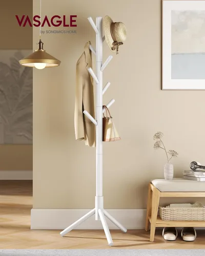 Miniatura 2 de VASAGLE Perchero de Madera Maciza Independiente, Perchero Independiente en Forma de Árbol con 8 Ganchos, 3 Opciones de Altura, para Ropa, Sombreros