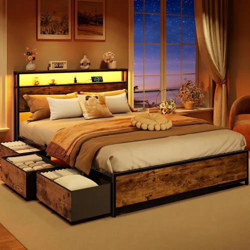 Miniatura 8 de Forestell Full Size Bed Frame with Storage Headboard & 6 Drawers, Metal Platform Bed Frame with LED Lights & Charging Station, 2 Tier Shelf Storage
