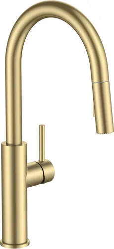 FORIOUS Grifo de cocina con rociador desplegable, oro cepillado clásico, grifo de fregadero de cocina de acero inoxidable de arco alto de una sola
