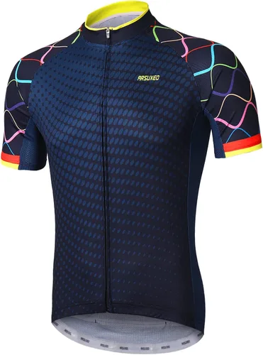 ARSUXEO Camiseta de ciclismo para hombre, manga corta, camisa de bicicleta de montaña, bolsillos con cremallera superior MTB reflectante