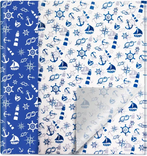 HolyMaji 30 hojas de papel de seda náutico azul, tamaño grande, 20 x 26 pulgadas, diseño de ancla, papel decorativo de regalo para decoración de