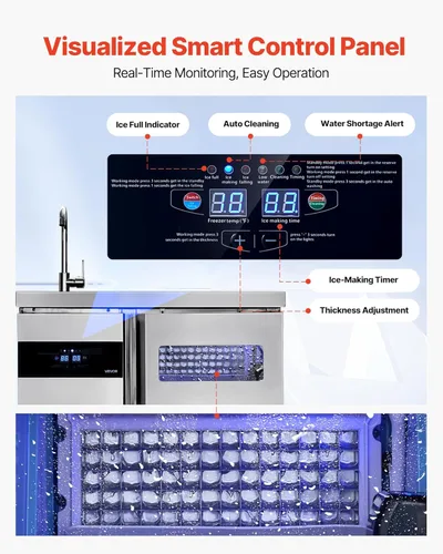 Miniatura 6 de VEVOR Máquina comercial para hacer hielo, máquina de hielo de acero inoxidable de 132 libras/24 horas con fregadero, almacenamiento de 30 libras