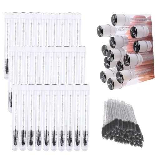 60 piezas de pinceles desechables de pestañas negras con patrón de pestañas de diamante, carretes de maquillaje, varita de rímel en tubo sanitario,