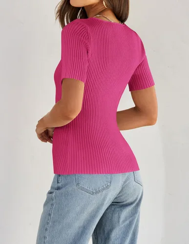 Miniatura 4 de ZESICA Camisetas de manga corta con cuello cuadrado para mujer, ajustadas, de verano, de punto acanalado, básicas, casuales