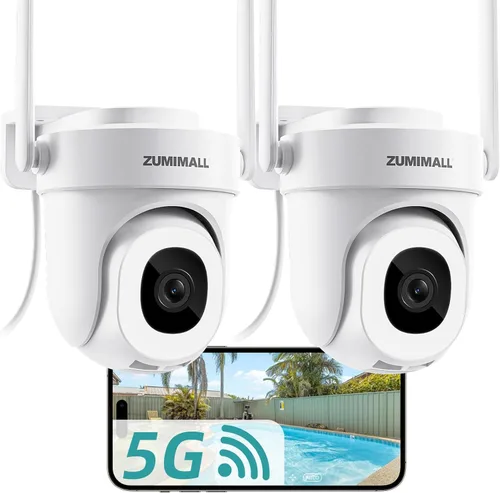 ZUMIMALL - Cámara de seguridad para exteriores de 3 MP con cable 2.4G/5G WiFi - Pack de 2, grabación 24/7, detección de movimiento AI, blanco 2