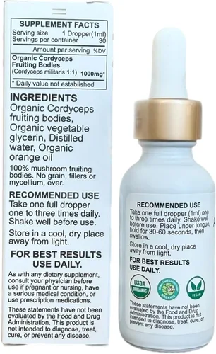 Miniatura 3 de Tintura corporal fructífera de hongos Cordyceps orgánicos de triple extracción Cultivado en Estados Unidos y certificado orgánico Uso