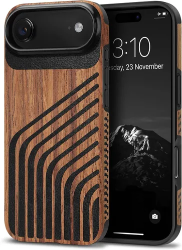Miniatura 52 de TENDLIN Compatible con iPhone 17 Pro Max Funda de madera con textura de fibra de carbono Diseño de cuero híbrido delgado (negro)