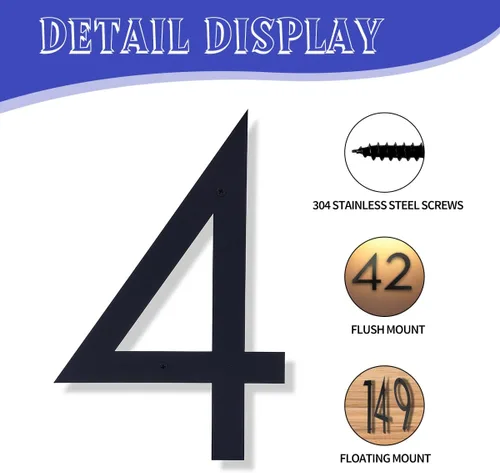 Miniatura 26 de Números de casa negros de metal moderno de 12 pulgadas para exterior, dirección flotante número 7 con kit de clavos para puerta