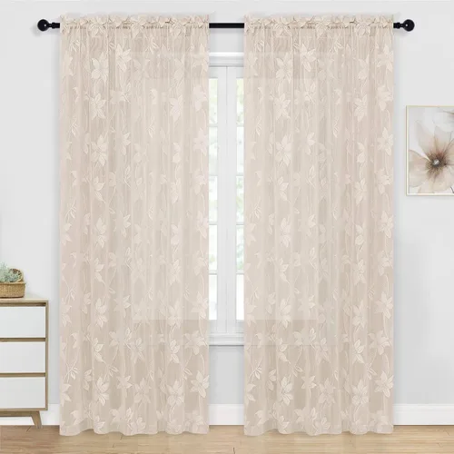 Miniatura 29 de DWCN Paquete de 2 cenefas de encaje floral para cocina, 52 x 18 pulgadas, con bolsillo para barra, cortina de gasa para ventana pequeña, cocina