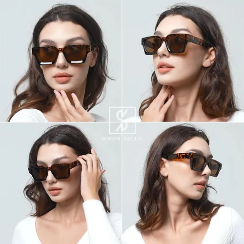 Miniatura 2 de SHEEN KELLY Gafas de sol rectangulares gruesas retro gruesas para mujeres y hombres, a la moda, cuadrados, negros, montura tipo tortie, gafas