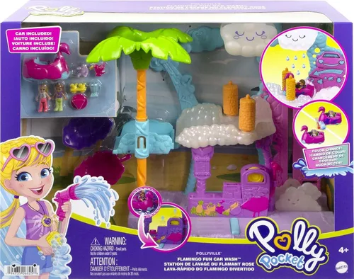 Miniatura 7 de Conjunto de juego Polly Pocket, Pollyville Flamingo Fun Car Wash con 2 muñecas micro, coche de juguete, juego de agua y accesorios que cambian