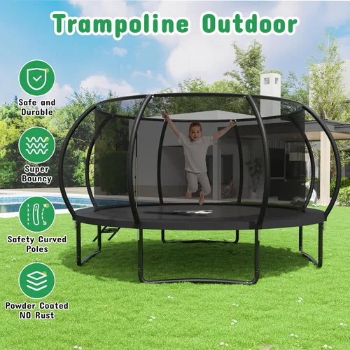 Miniatura 3 de Polar Aurora Trampolín para exteriores de 10 pies, 12 pies, 14 pies, 16 pies, con red de seguridad, almohadilla de resorte engrosada, trampolín Negro
