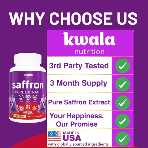 Miniatura 5 de Kwala Nutrition Suplementos de azafrán para el estado de ánimo y la concentración 88.5 mg de extracto de azafrán puro Hecho en Estados Unidos
