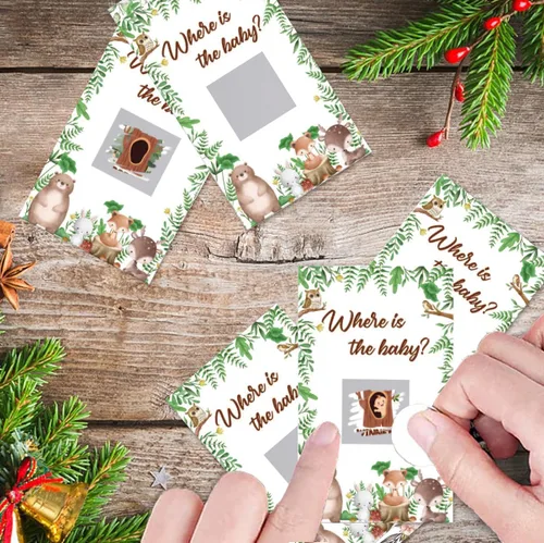 Miniatura 5 de Juego de rascar para baby shower, 50 tarjetas con el tema ¿Dónde está el bebé? Juegos YoungFun con adorables animales del bosque para revelaciones