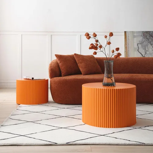 Miniatura 5 de WILLIAMSPACE Juego de 2 mesas auxiliares anidadas, mesas de café redondas de madera color naranja mate, mesas auxiliares modernas de lujo, mesa