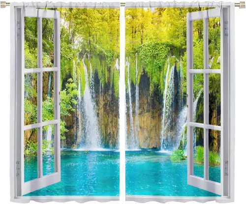 Miniatura 58 de Cortinas de paisaje, ventana tropical con vista al mar, océano, playa, barco, cortinas con estampado de palmeras para dormitorio, sala de estar, Mar