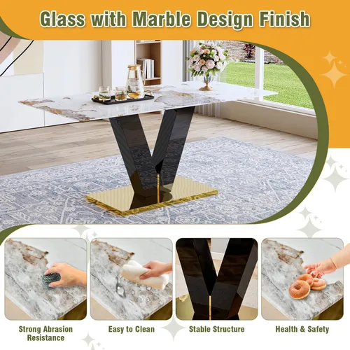 Miniatura 5 de Juego de mesa de comedor de 71 pulgadas para 6, moderno juego de mesa de comedor para 6, mesa de comedor de mármol con 6 sillas de comedor de piel