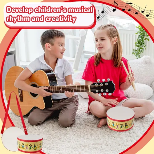 Miniatura 6 de Juego de batería para niños, batería de madera de 8 pulgadas con correa ajustable, 2 baquetas, juego de instrumentos musicales sensoriales