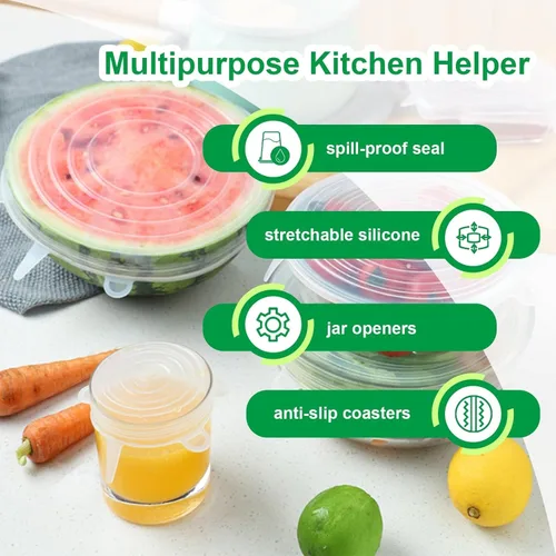 Miniatura 3 de Tapas elásticas de silicona – Paquete de 6 fundas reutilizables para alimentos, silicona flexible para cuencos, recipientes, frutas, sello hermético