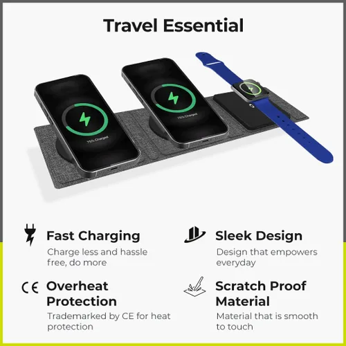 Miniatura 5 de ZTAR Cargador de viaje inalámbrico 3 en 1 para iPhone 16/15/14/13/12, Samsung Galaxy con capacidades inalámbricas, auriculares y Apple Watch